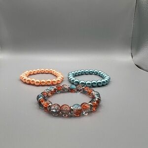 Three Beaded Bracelets - Coral, Teal & Orange-Blue Glass - Handmade #B0107T